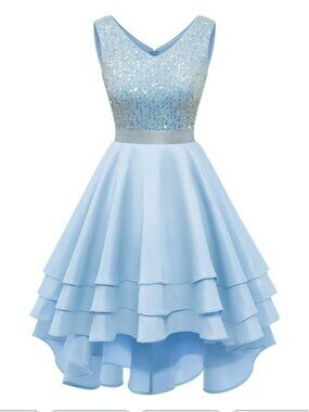 Meetjen Silver Sequin Bodice & Blue Layered Satin High‑Low Dress – Size L